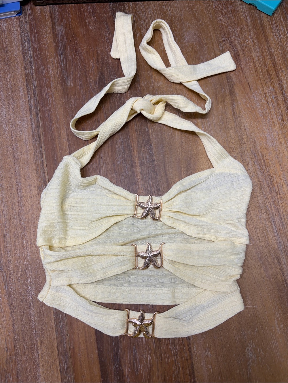 Pale Yellow Tie-Back Top with Gold Accents